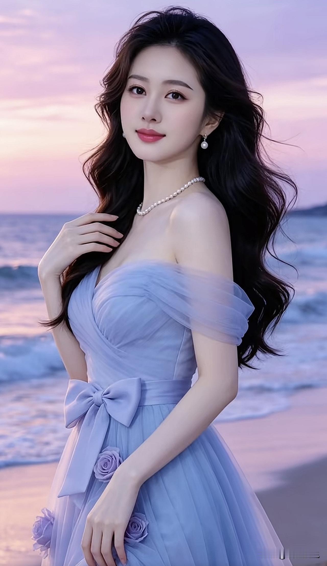 海边漫步的梦幻少女，温柔的海风轻拂发梢海边元气少女沙滩白裙少女海边温柔女神