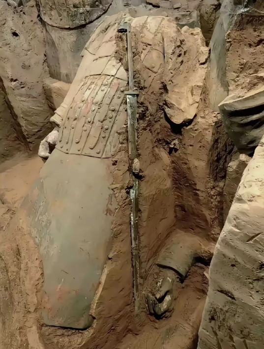 这是秦剑刚出出土时的样子，不得不说古人长得真高啊！​​​