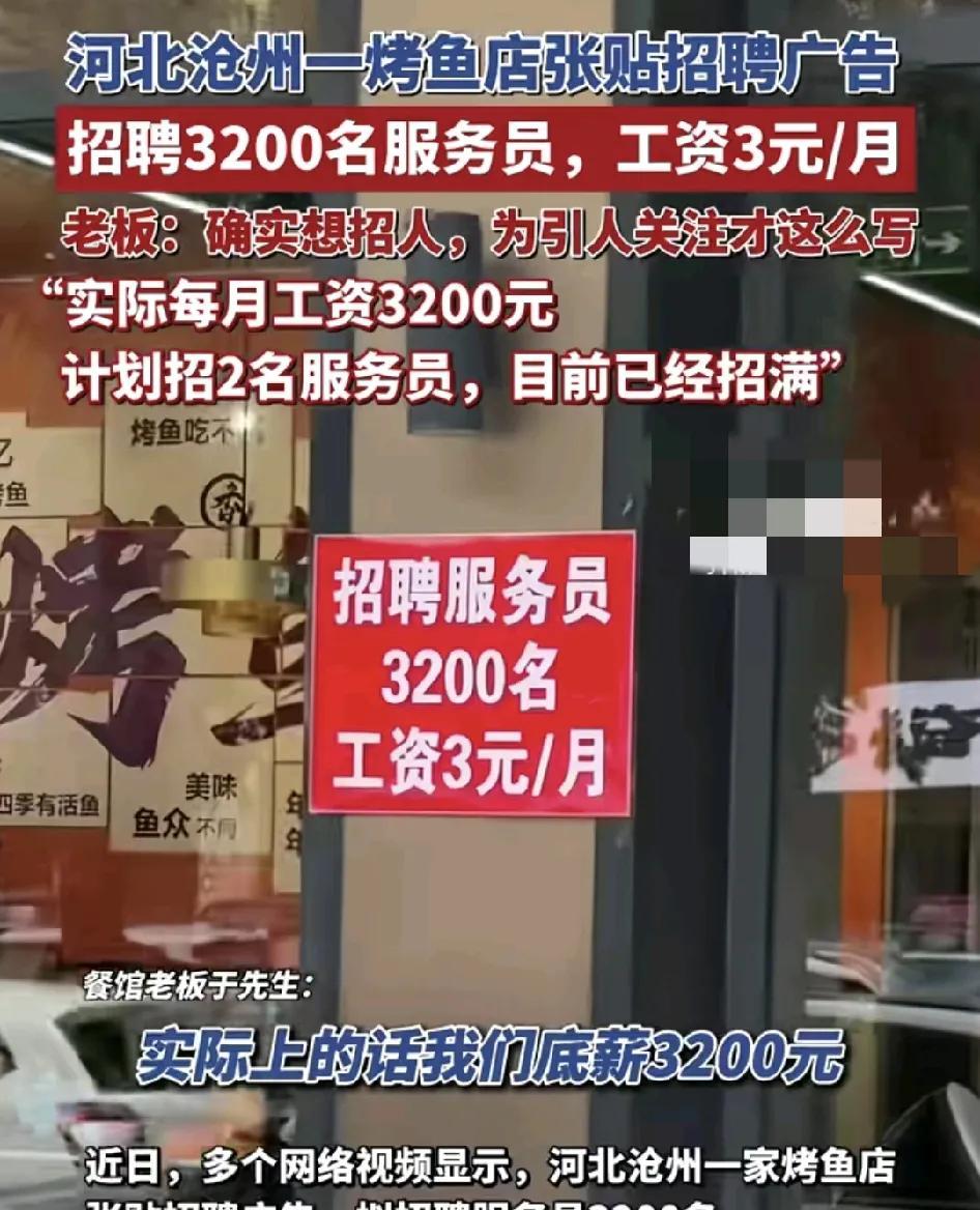 河北沧州一家烤鱼店的一责招聘广告引发了广大网友的热议：招聘服务员3200名，工资