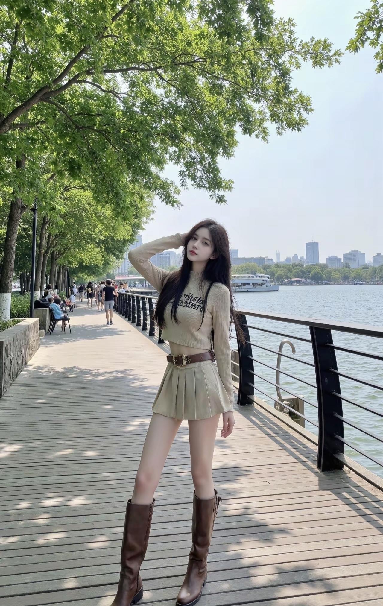 湖边步道的风裹着夏意，裙摆晃过波光，把晴天的松弛感穿在身上。