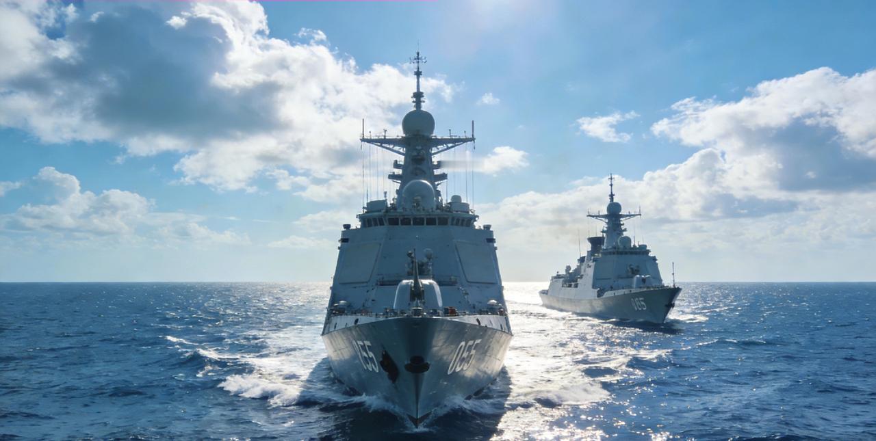 两艘万吨大驱在南海向全国人民拜年新春佳节，万家团圆之际，远在南海海域，中国