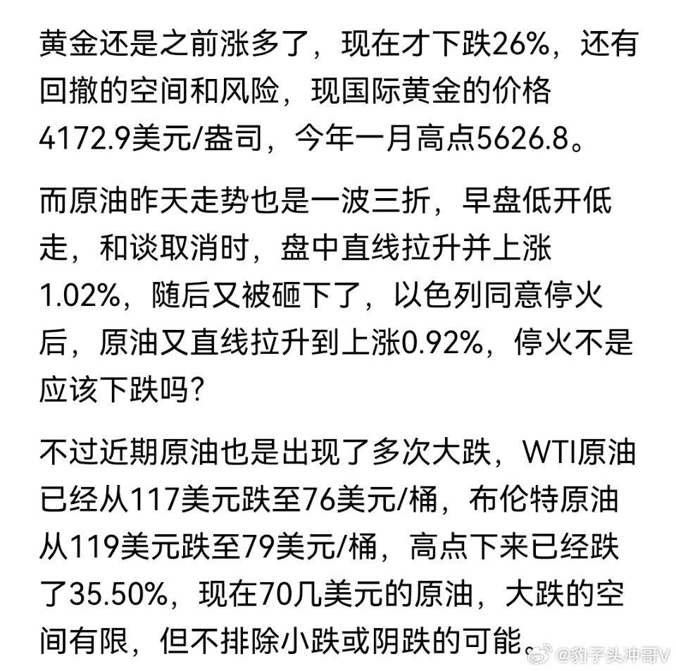 以色列同意停火，黄金下跌，原油拉升，欧股小跌，美股期指拉升！
