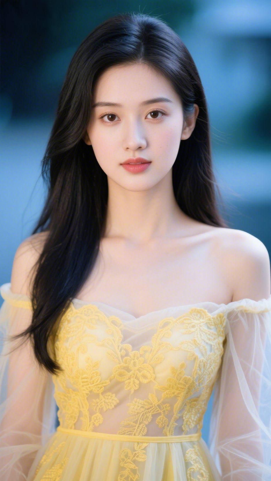 《黄裙载了夏初柔》她立在淡蓝的柔光里，像把晴日的温煦织进了裙衫。鹅黄纱裙缀