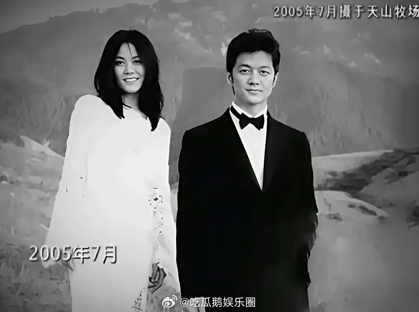 37岁的王菲与34岁的李亚鹏在天山牧场拍的甜蜜婚纱照，李亚鹏穿着黑色西装帅气潇洒，王菲穿着白色裙子漂