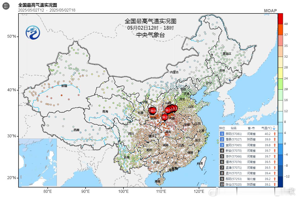 【气温破纪录】今天高温榜，河南荥阳40.2℃，全国第一，并打破当地最早40℃纪录