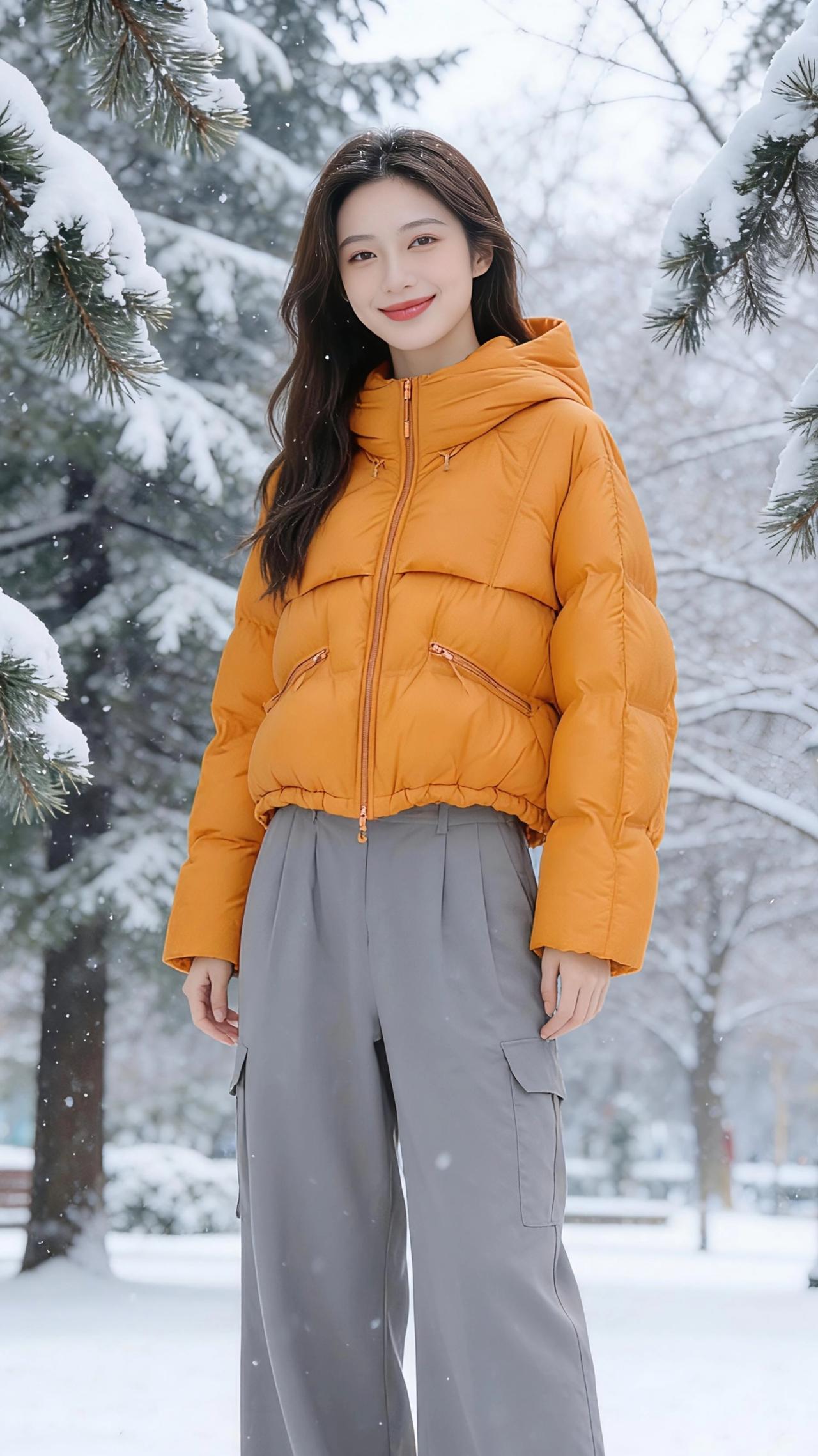 雪落满公园的松枝时，她像裹了团暖橘色的光，撞进这素白的天地里。绒绒的雪粒沾