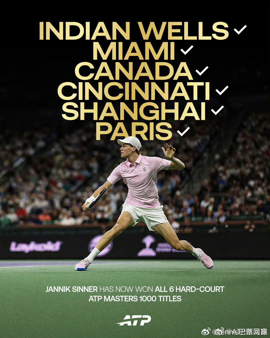 辛纳6站硬地大师赛全夺冠🏆2023加拿大🏆2024迈阿密/辛辛那提/上海🏆