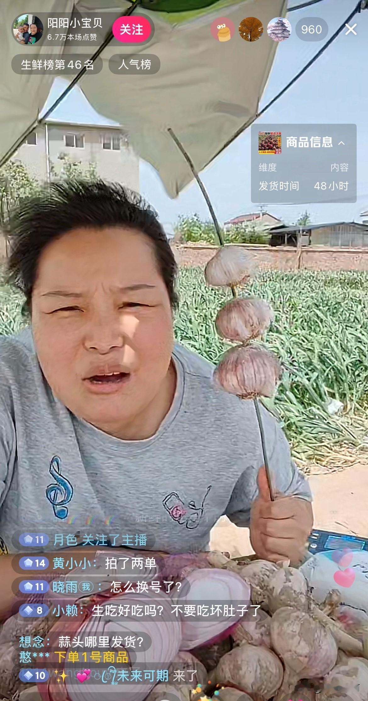娜娜换号了？正在直播售卖大蒜和大葱。新号：阳阳小宝贝。直播间里的铁粉们