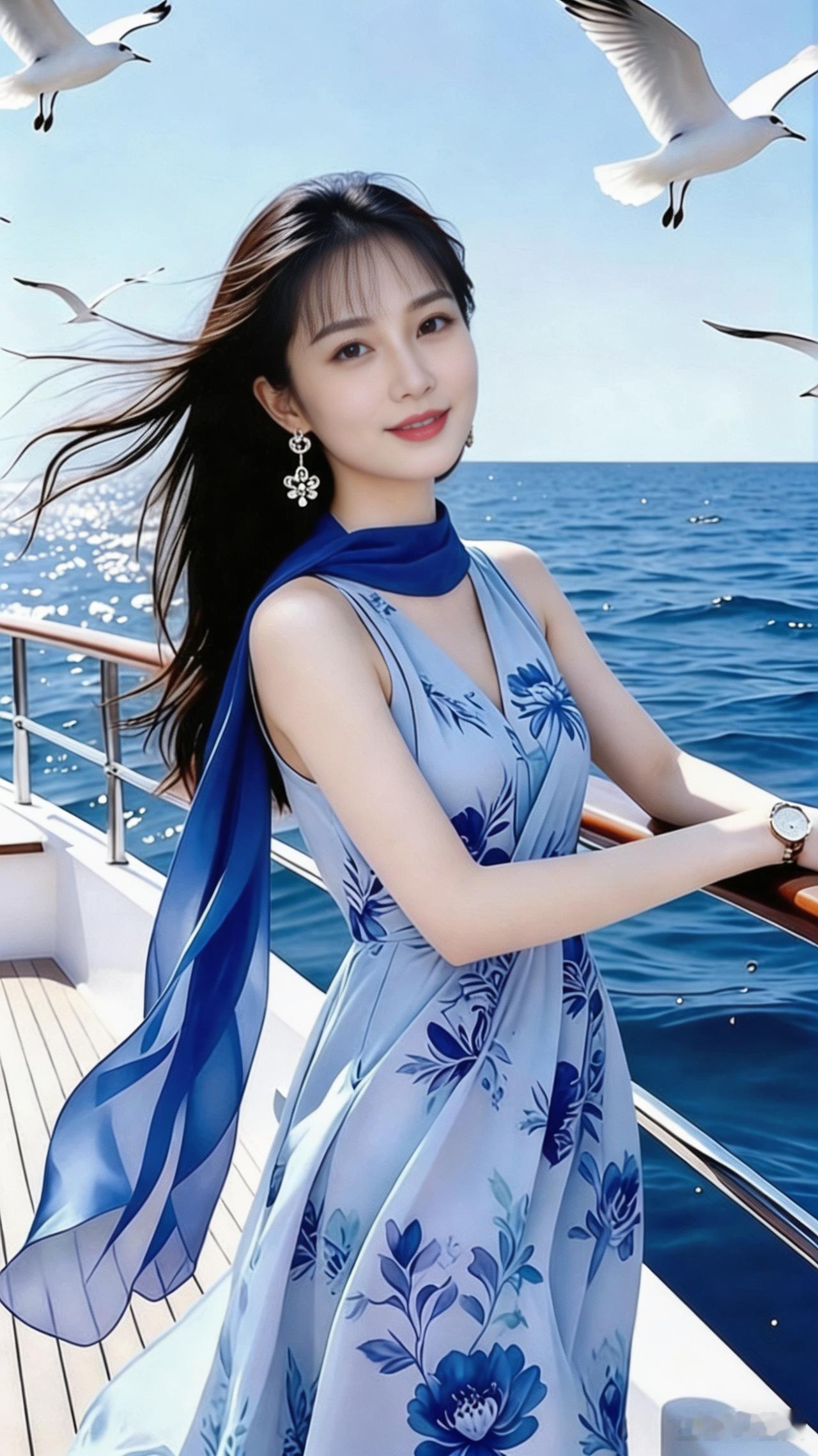 在海边，穿着花裙子的美女。