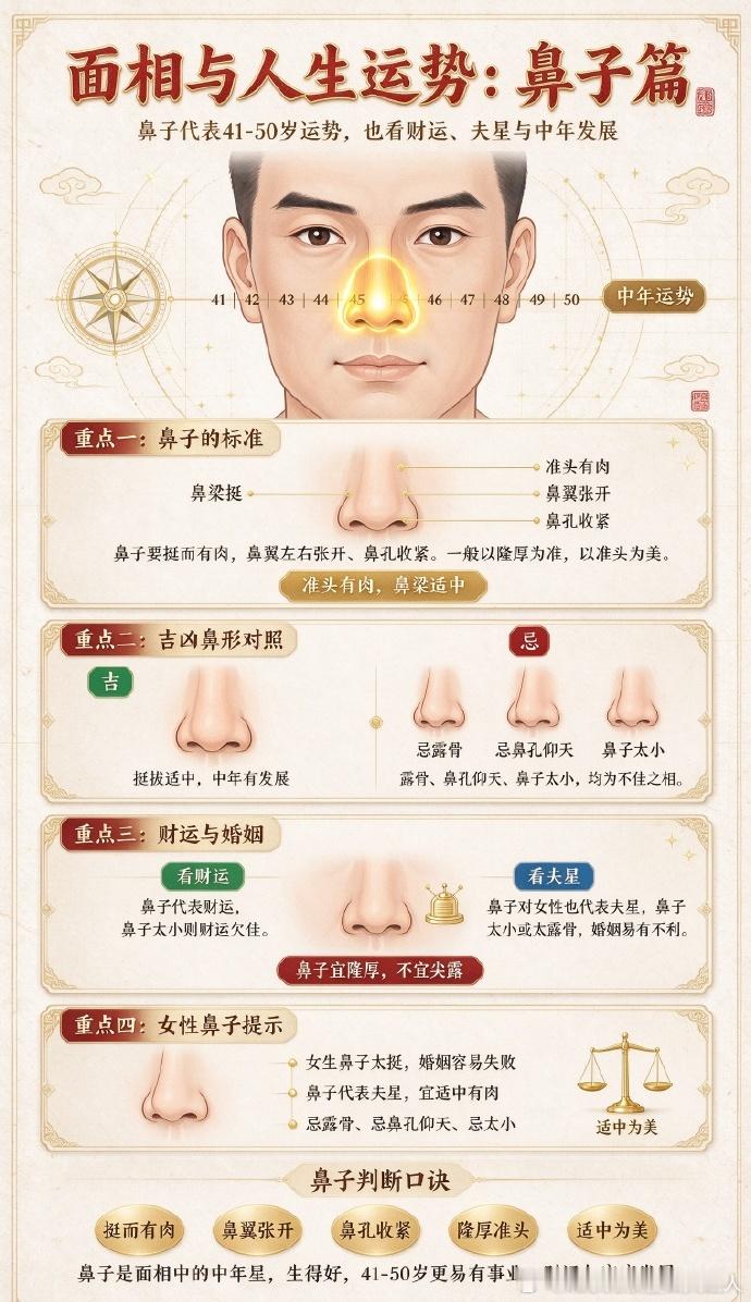 面相与人生运势：鼻子篇鼻子代表41-50岁的运势。鼻子要挺而有肉，鼻翼左右张开