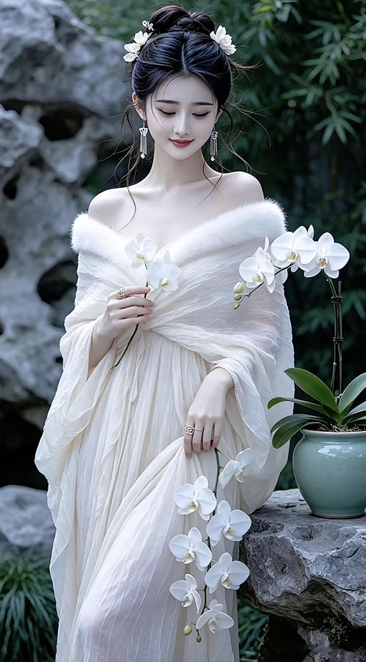 仙气飘飘的汉服美人，花丛中的古典韵味古典汉服美人淡雅汉服美女湖边汉服美人古