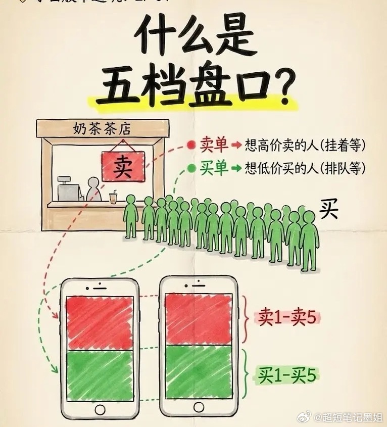 看懂股票的五档盘口1.盘口就是排队窗口。卖一到卖五，是想高价卖的人（柜台里的货