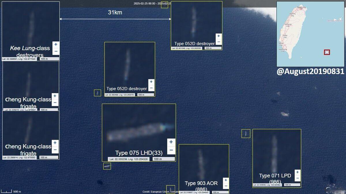 距台岛250公里，解放军“10万吨舰队”突然现身，台军近千兵力出海对峙卫星图