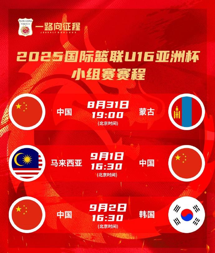 FIBAU16亚洲杯中国队小组赛赛程: 8月31日19点首战蒙古队