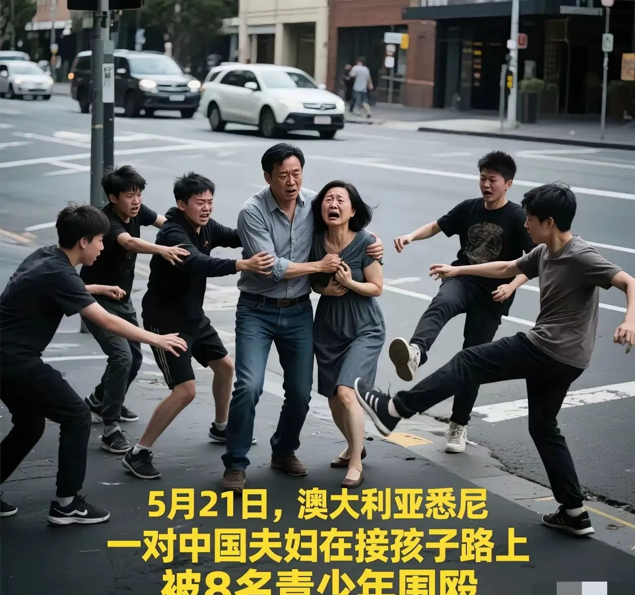 悉尼街头，中国夫妇只因说了中文，就被一群小混混围起来往死里揍，妻子被打得满脸是血