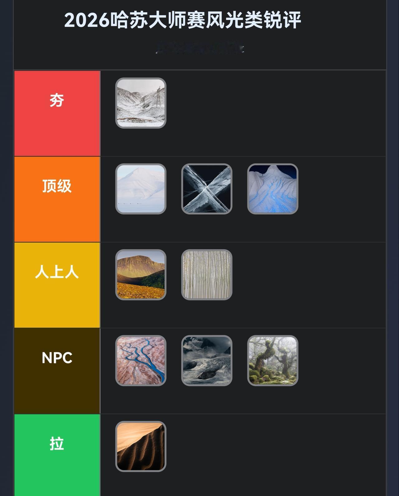 从夯到拉锐评一下2026年哈苏大师赛的风光组入围照片。夯：最让人眼前一亮的还是