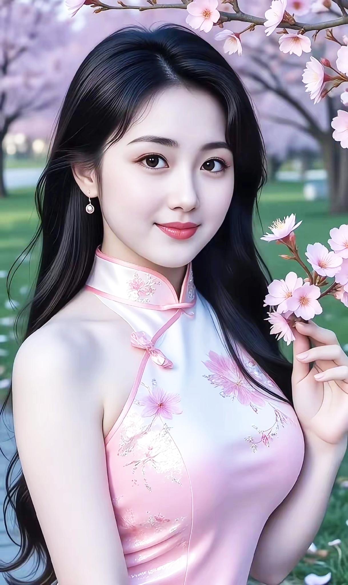 樱花树下，少女轻笑，粉色旗袍，春意盎然。