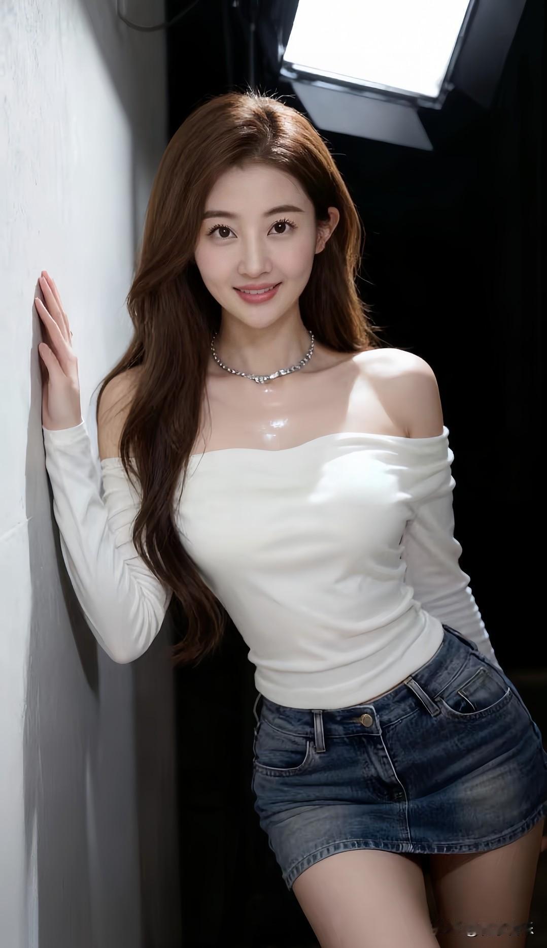 甜美少女风，白色露肩上衣搭配牛仔短裙，清新自然，轻松可爱！🌸💕随手一拍记录当