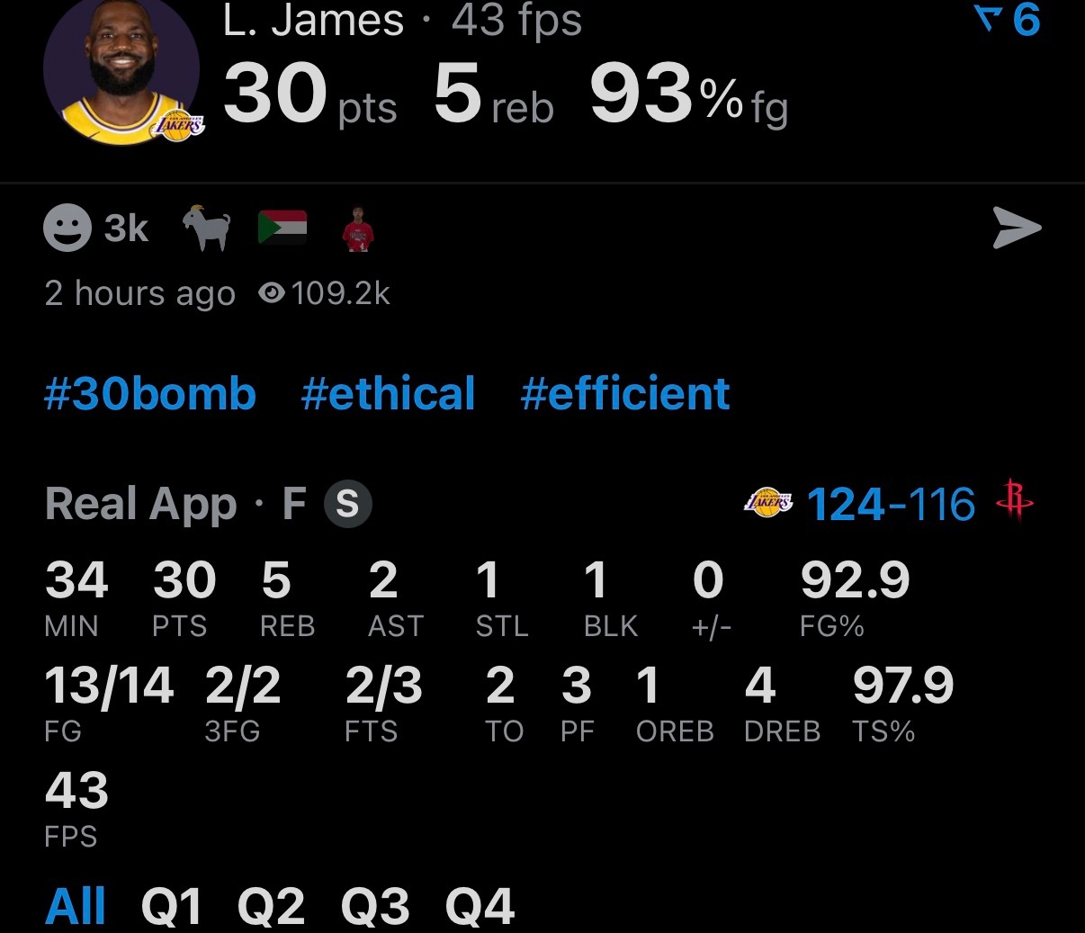 詹姆斯14投13中超高命中率30分东契奇40+10+9第四节末端接管比赛两个人合