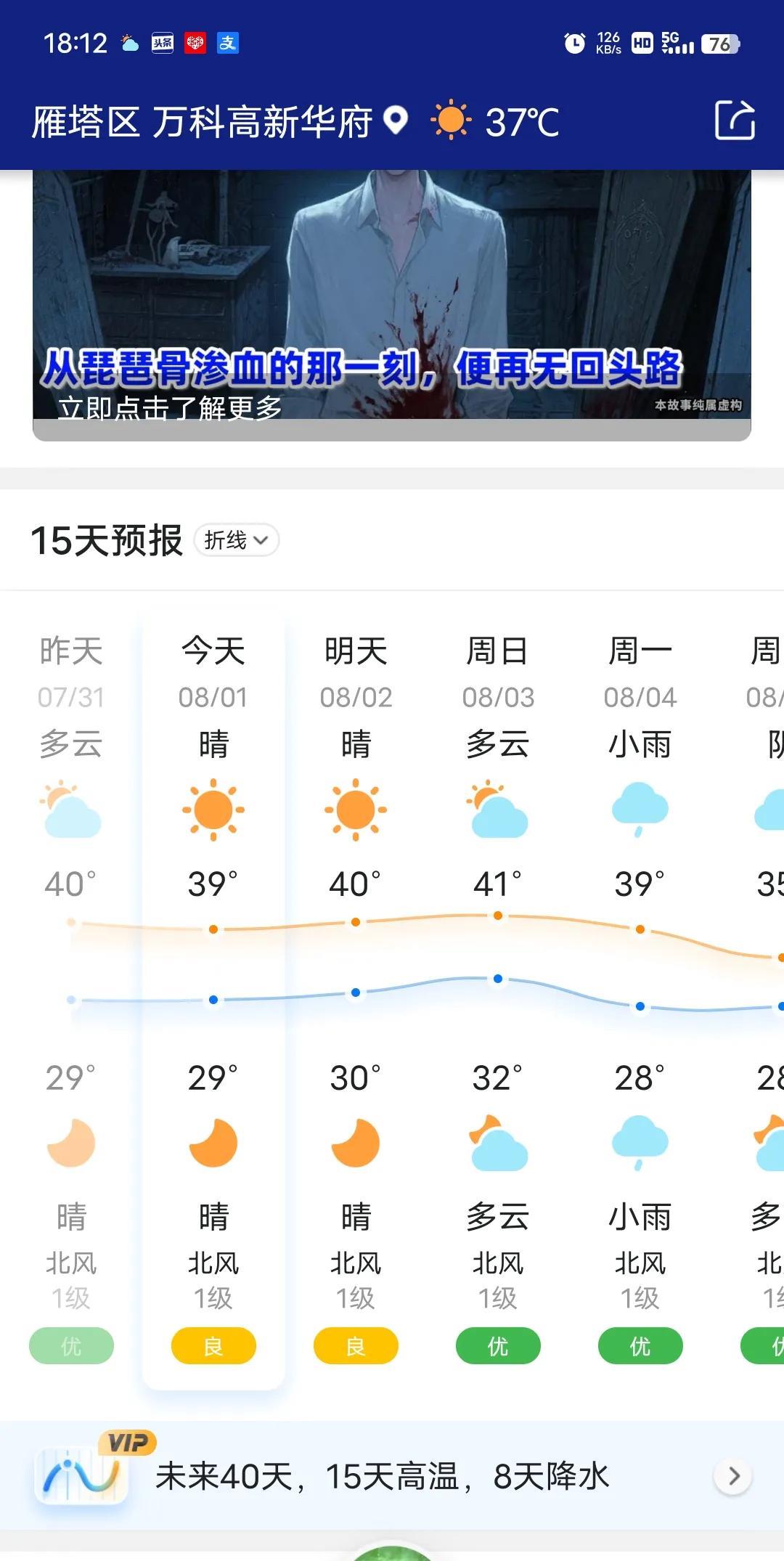 西安40度高温倒计时第7天。这是今天刚截的图:18:12，室外温度37度，明显比