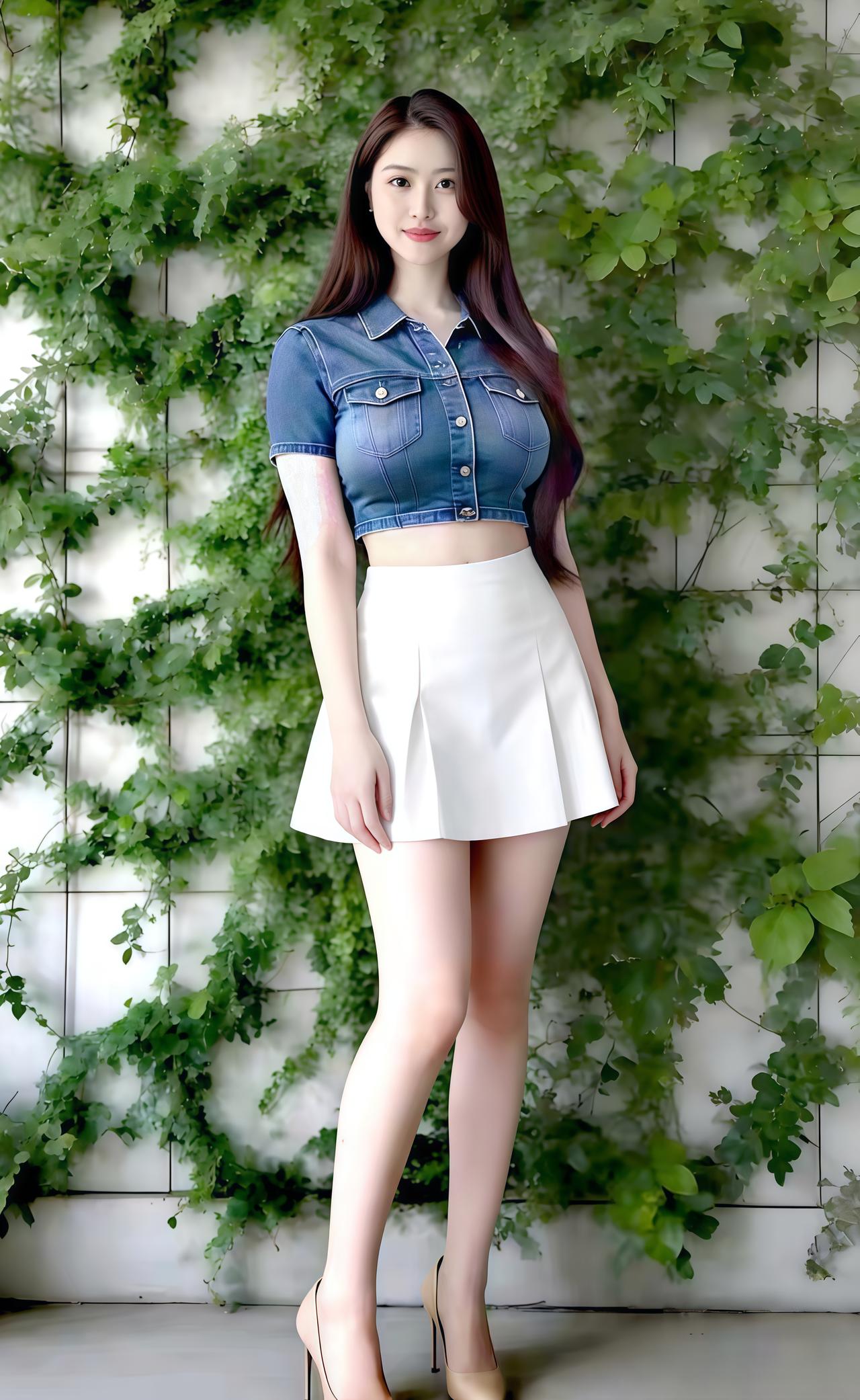 青藤绕壁叠新阴，牛仔裁衣衬素襟。白褶裙扬风软细，乌丝垂缕影清深。亭亭立处春痕