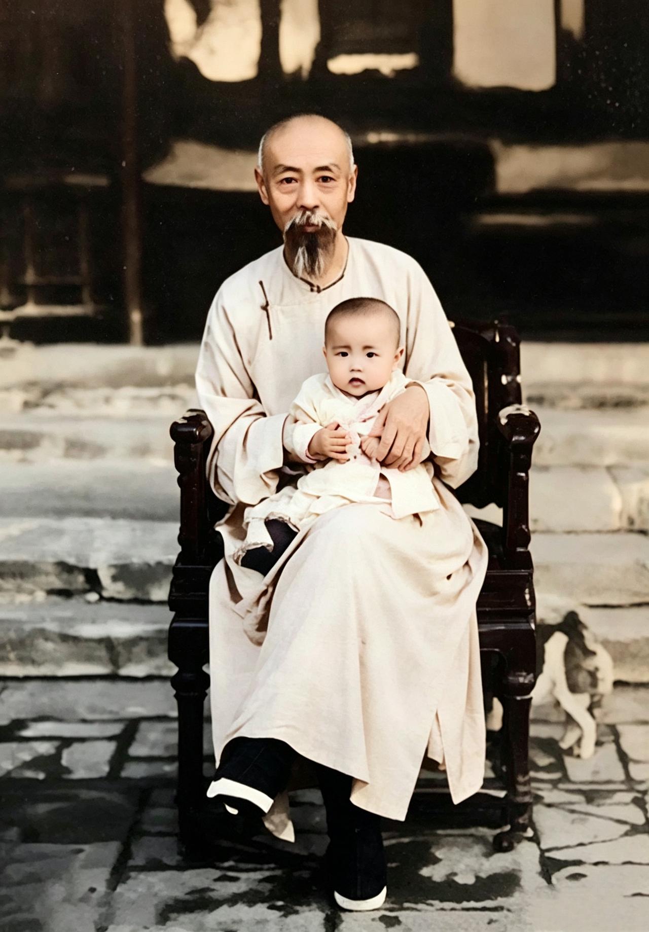 这是百年前一个夏天庆亲王奕劻抱着孙子在庭院里乘凉。奕劻的孙子颜值都非常高。因为，