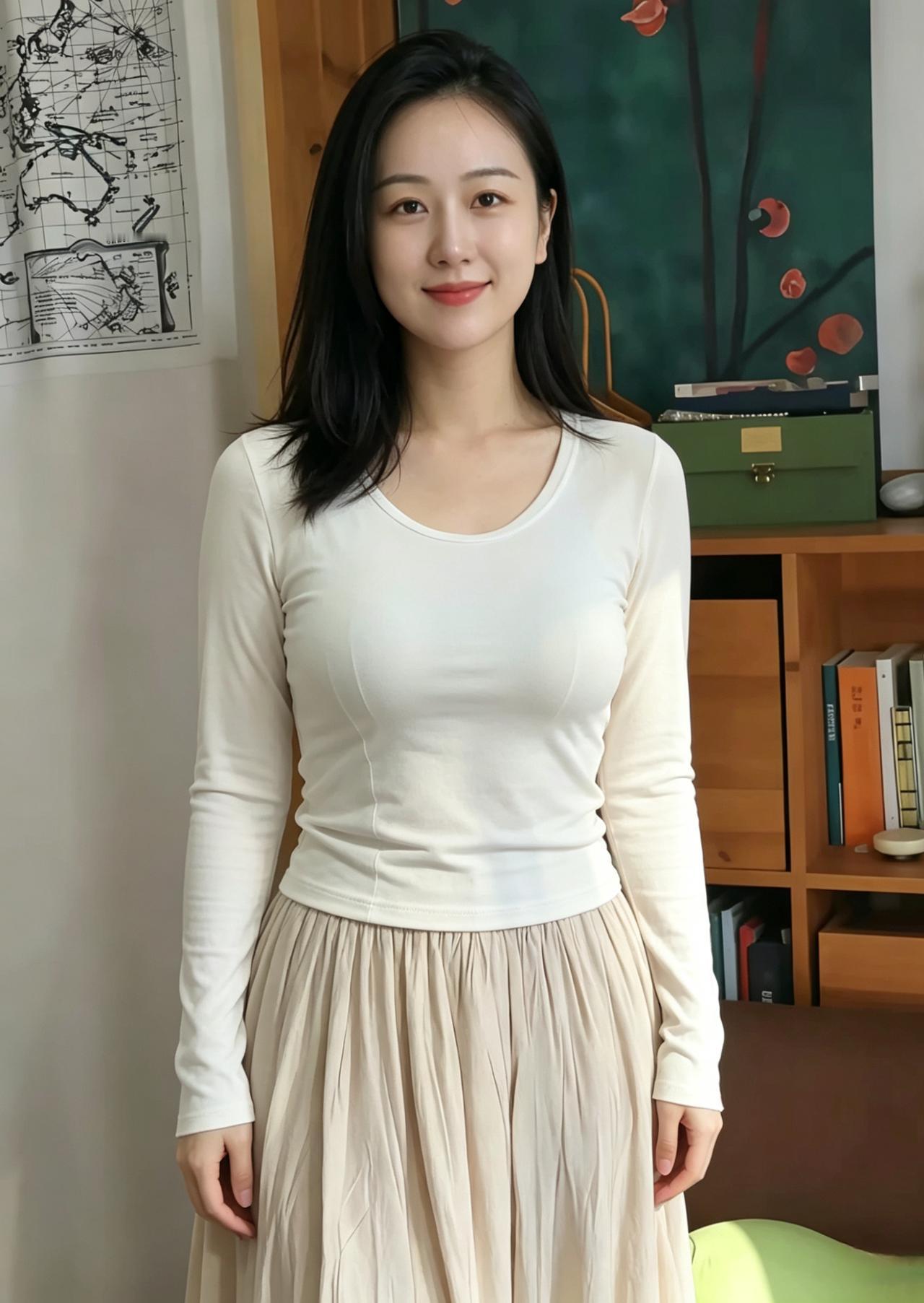 房间里的光，是温柔的，落在你身上，像一层薄纱。白衫、米色的裙，和你脸上浅浅