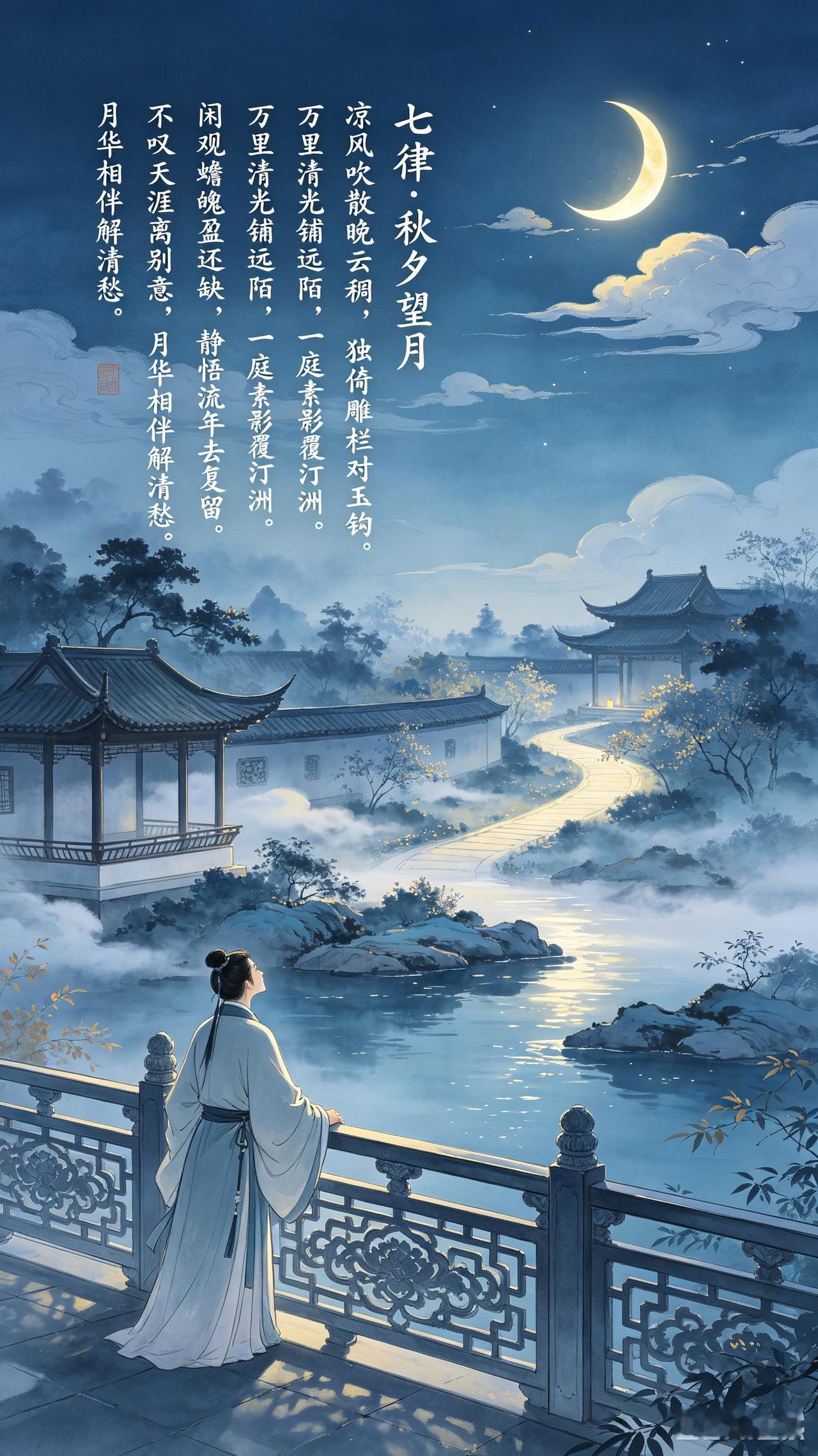 清秋入夜，暑气渐消。凭栏仰望一轮皓月，晚风拂面，思绪随清辉漫向天涯。感念岁月安然