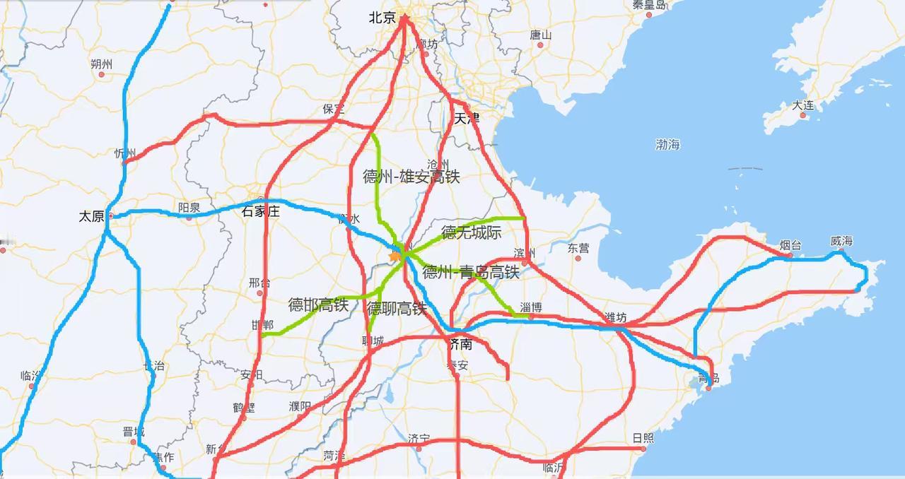 菏泽假如德州是省会，也可以成为米字型高铁枢纽。京沪高铁:北京-天津-德州-