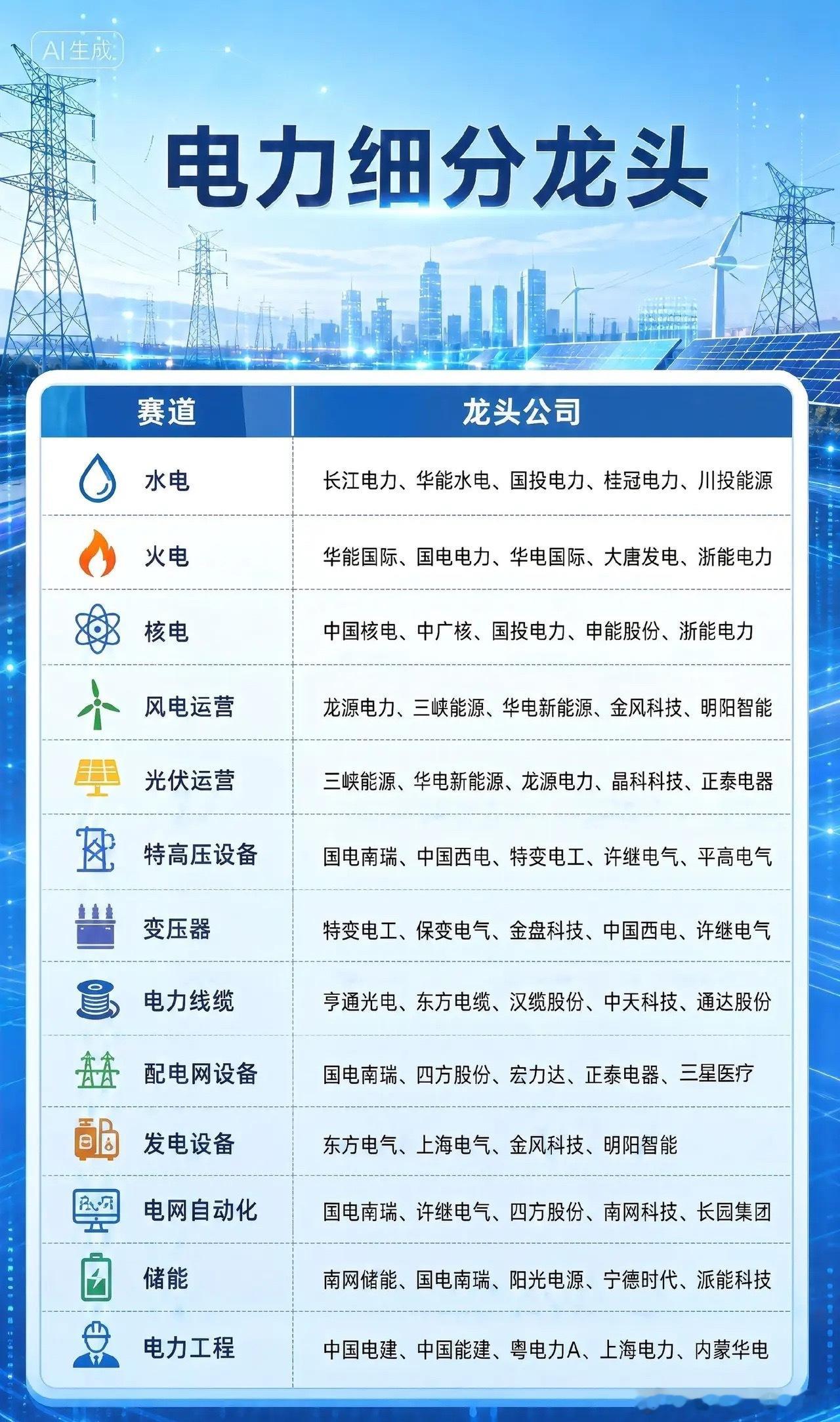 电力板块全赛道梳理！13个细分领域核心龙头全汇总电力是贯穿全年的稳增长主线，火电