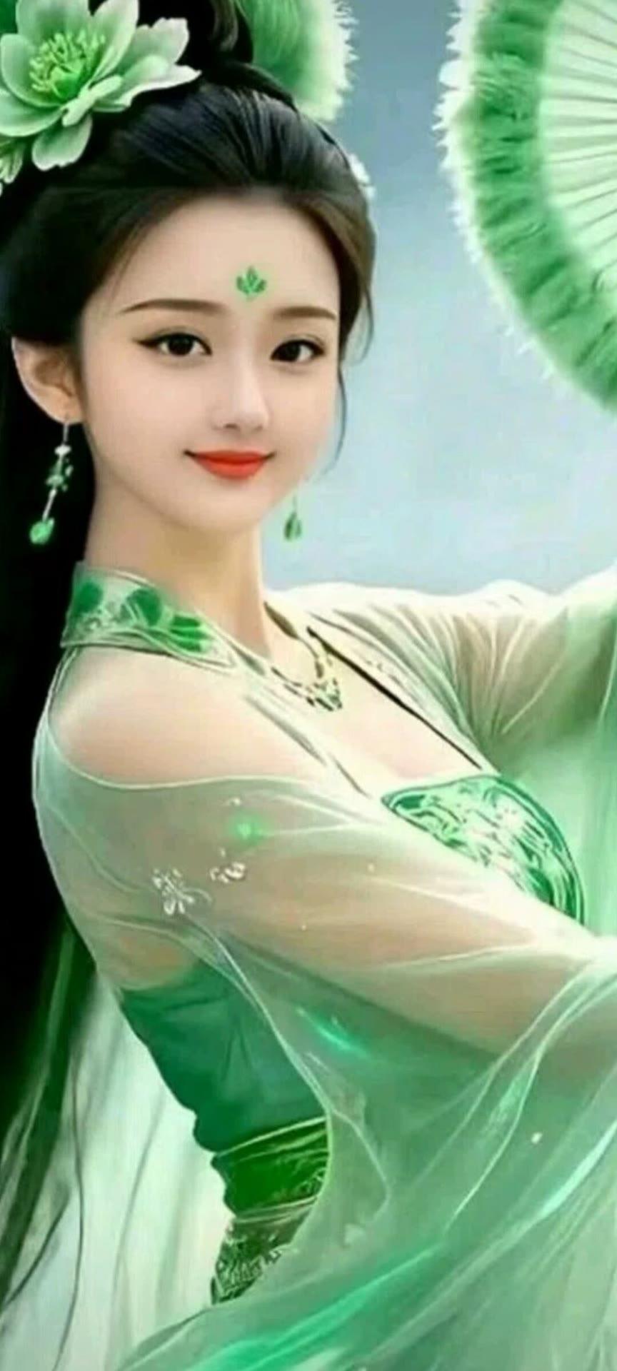 仙气飘飘的古典美人，绿衣飘逸，宛如画中仙子。