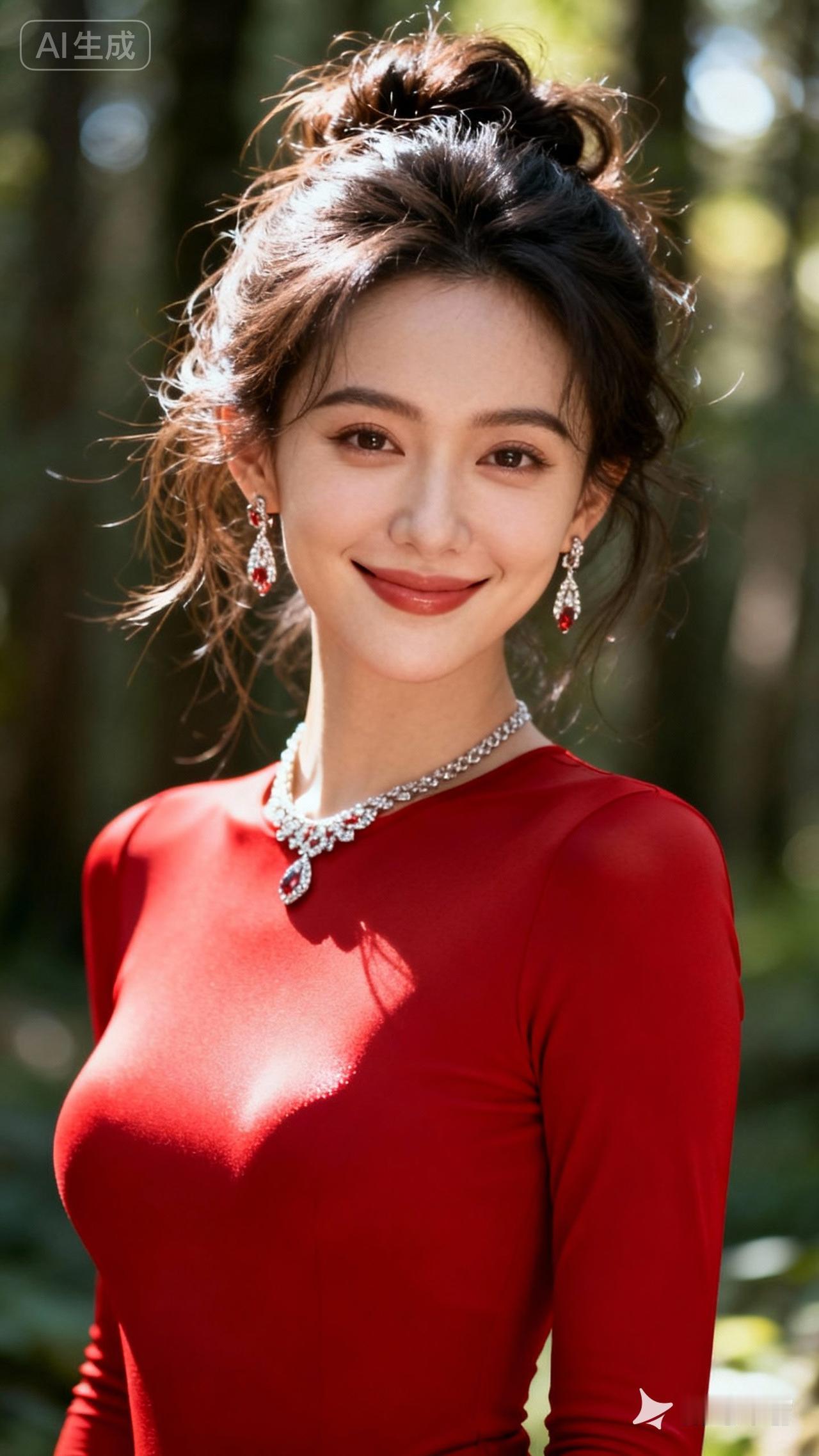 优雅红裙，闪耀珠宝，森林中的美丽瞬间