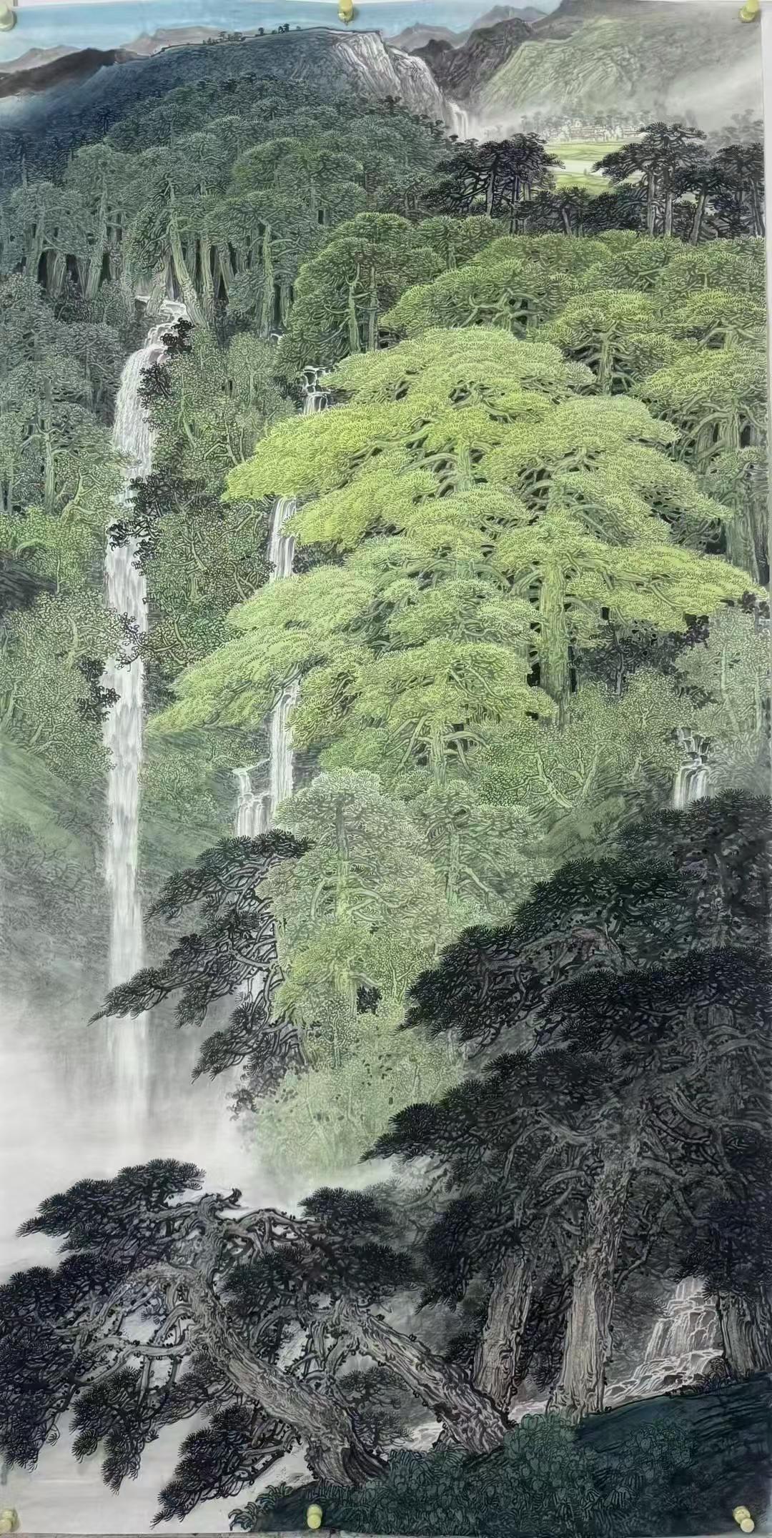 《苍松飞瀑图》迎客松国画专业中国山水画画法国画山水有意境中国青绿山水画意