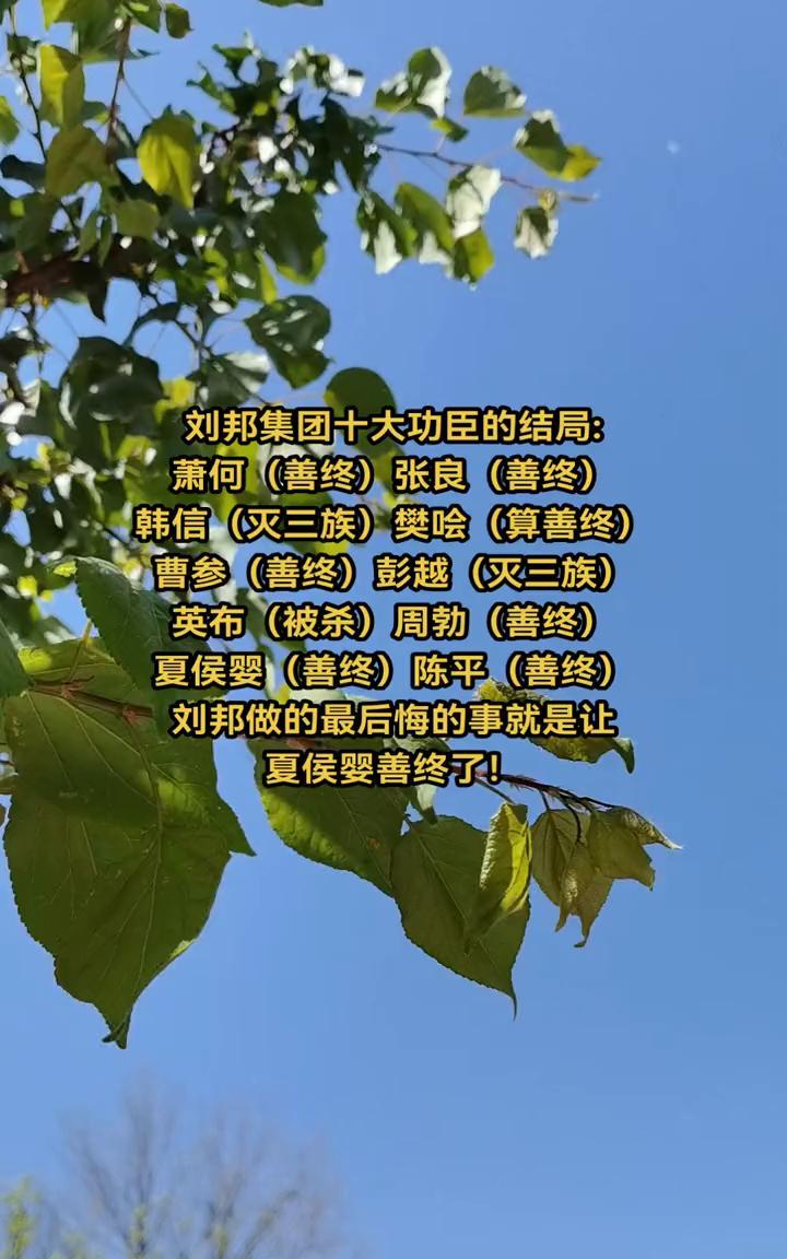 刘邦集团十大功臣的结局：萧何(善终)、张良(善终)、韩信(灭三族)、樊哙(算善终