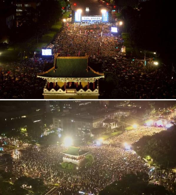 蓝营725晚会15万人VS绿营724晚会10万人上图是国民党725反罢免晚会空