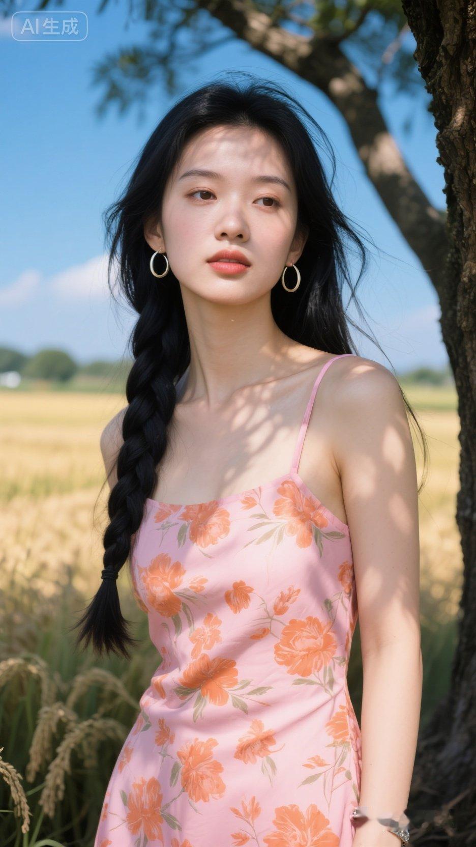 夏日田野里的少女，粉色连衣裙与自然相映成趣。