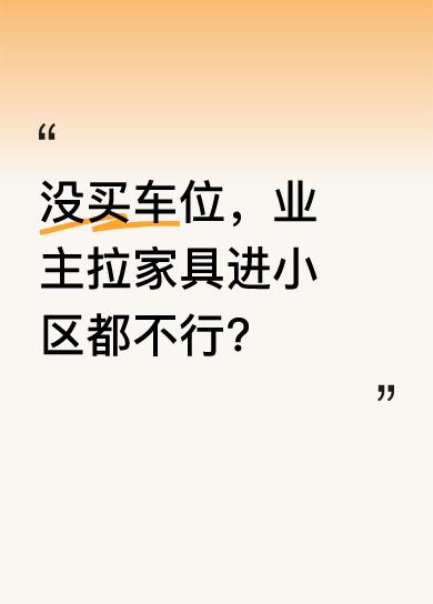 业主拉着家具想进小区，却被物业拦住，理由是没买车位。业主质问能否进入，物业坚称没