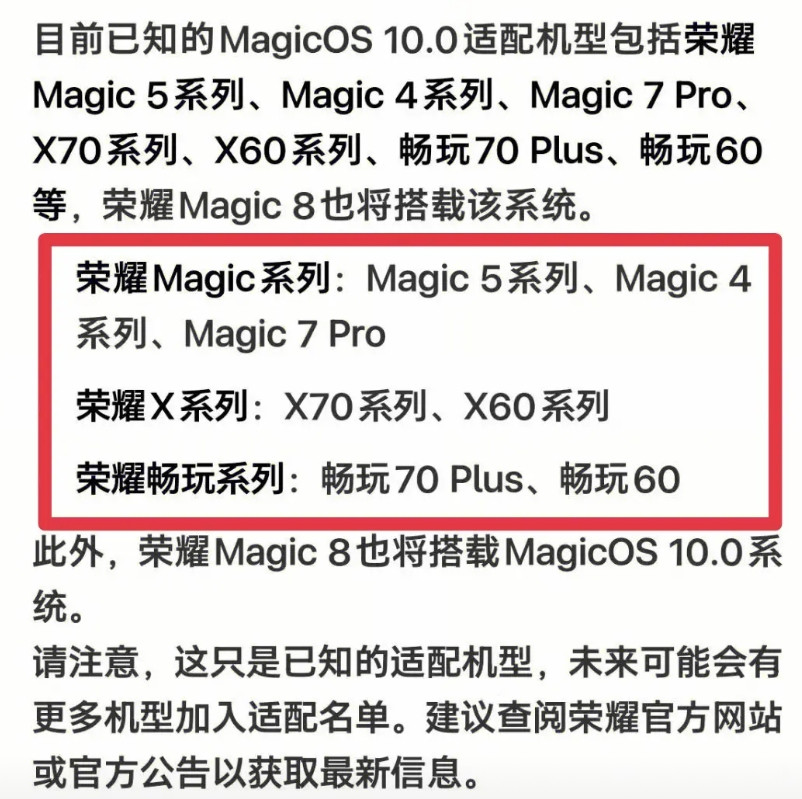 网传的荣耀MagicOS10.0系统适配机型名单。这个名单并不完整，没有折叠屏