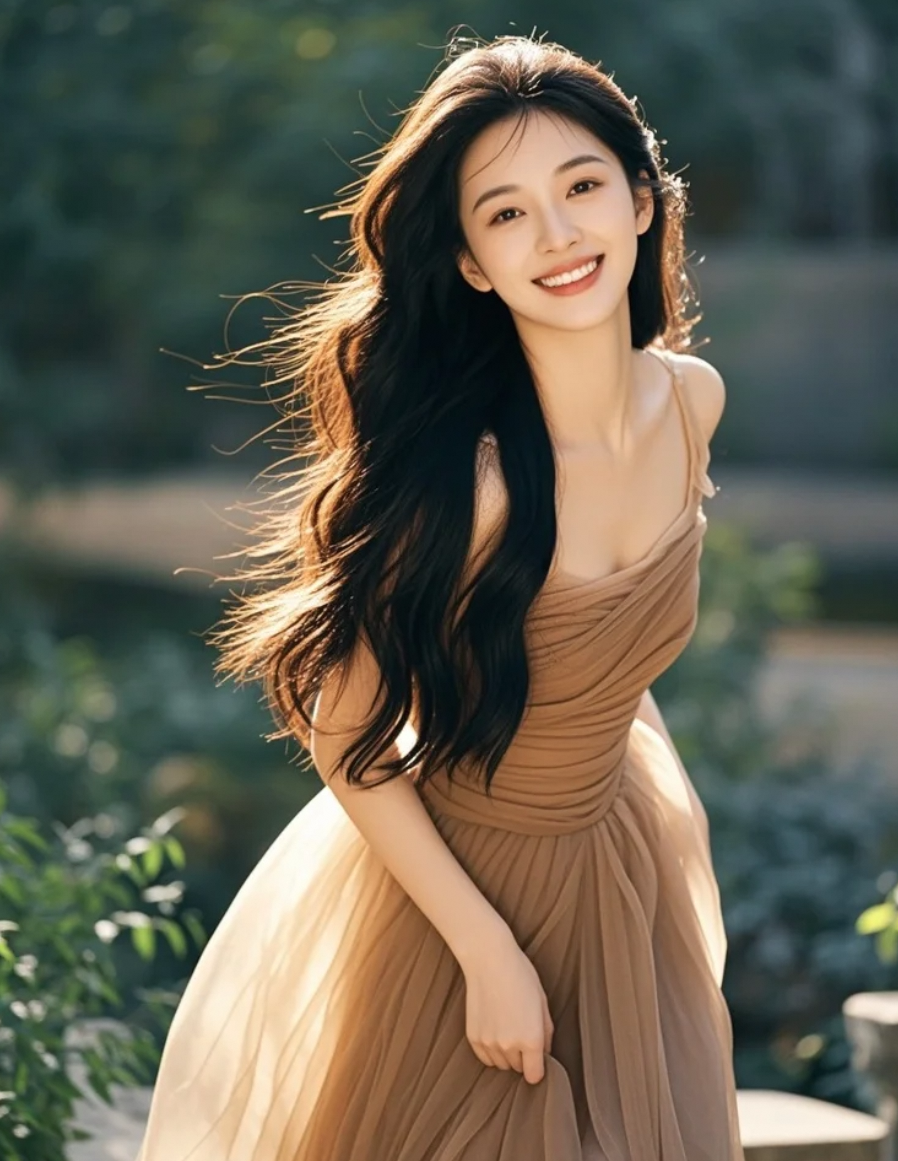 她沉浸在宁静中，长发随风，笑容温柔，充满诗意