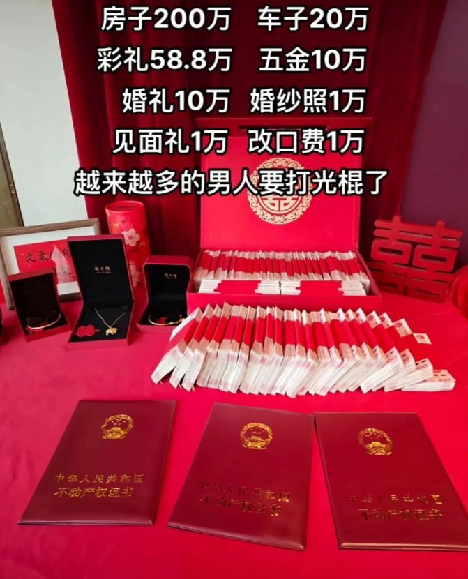 现在男孩子结婚真的结不起，想想都累。我亲戚家的儿子，五一订婚，彩礼18万，五金，
