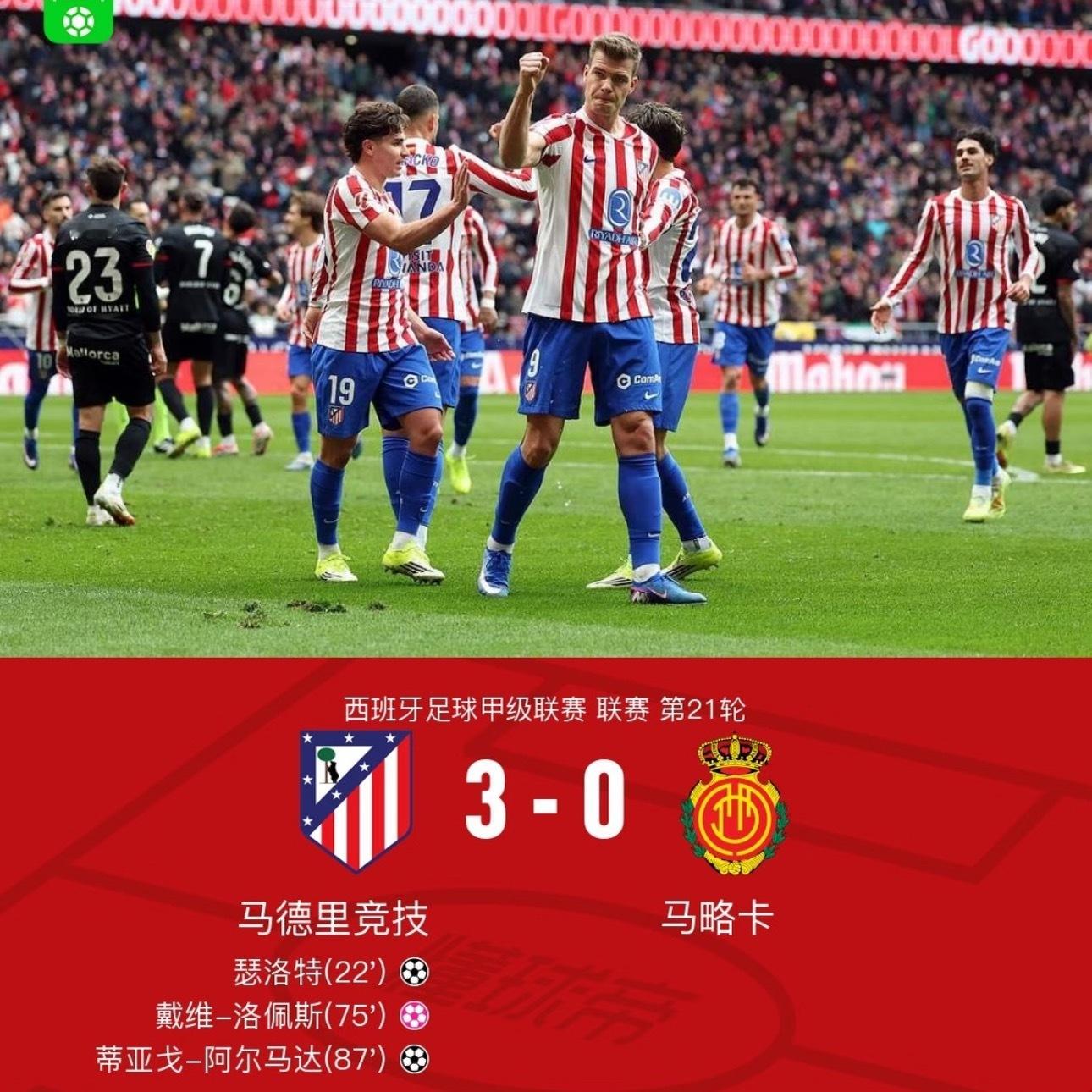 西甲-瑟洛特连场破门略伦特造乌龙马竞3-0轻取马略卡北京时间1月25日21: