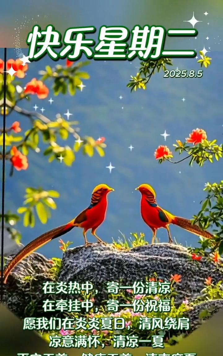 快乐星期二。在炎热中，寄一份清凉；在牵挂中，寄一份祝福。愿我们在炎炎夏日，清风