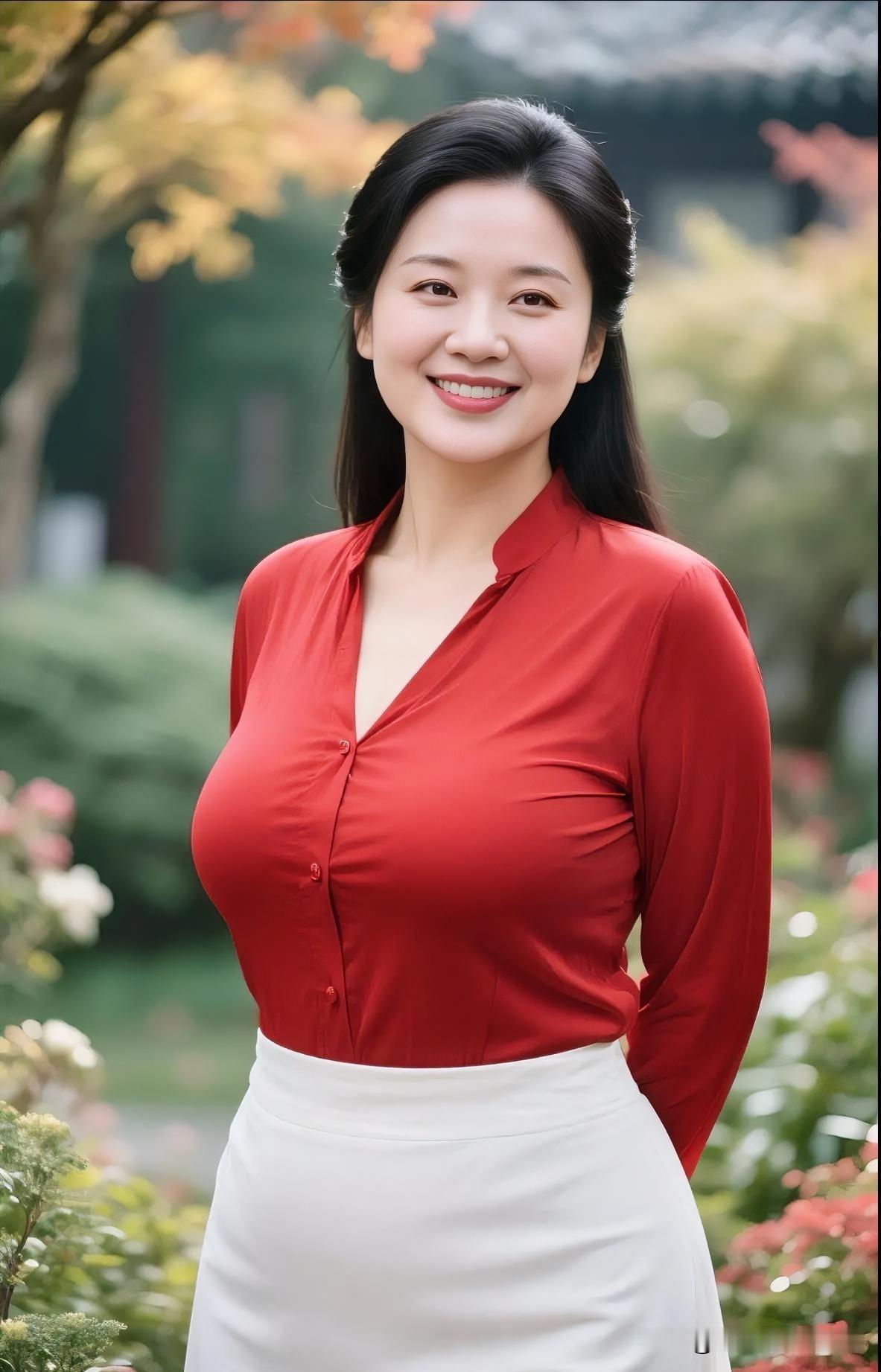 红衣白裙相映成趣，明媚笑容绽放于秋日园林。明艳而不张扬，于自然景致中尽显温婉活力