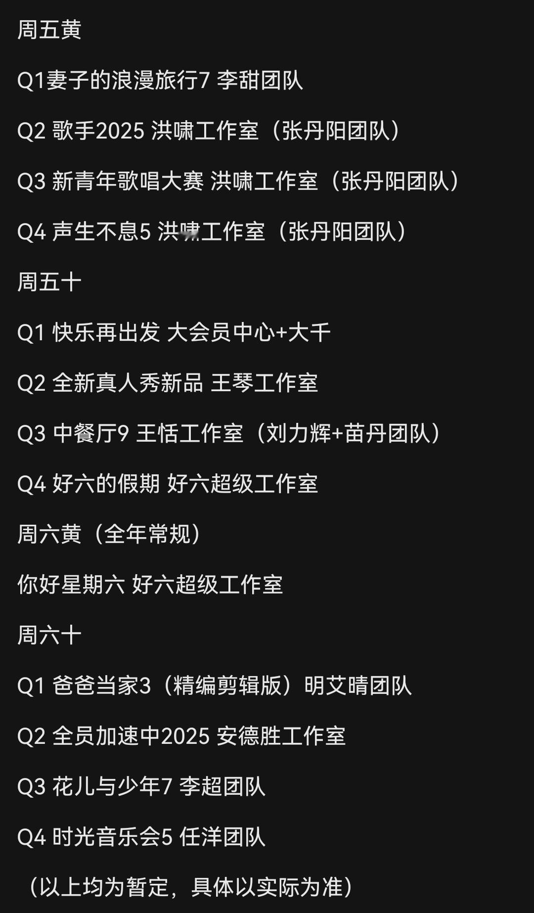 看一下芒果台2025年上星综艺的编排。今年是真的挺荒凉的，是真的没啥节目。往年周