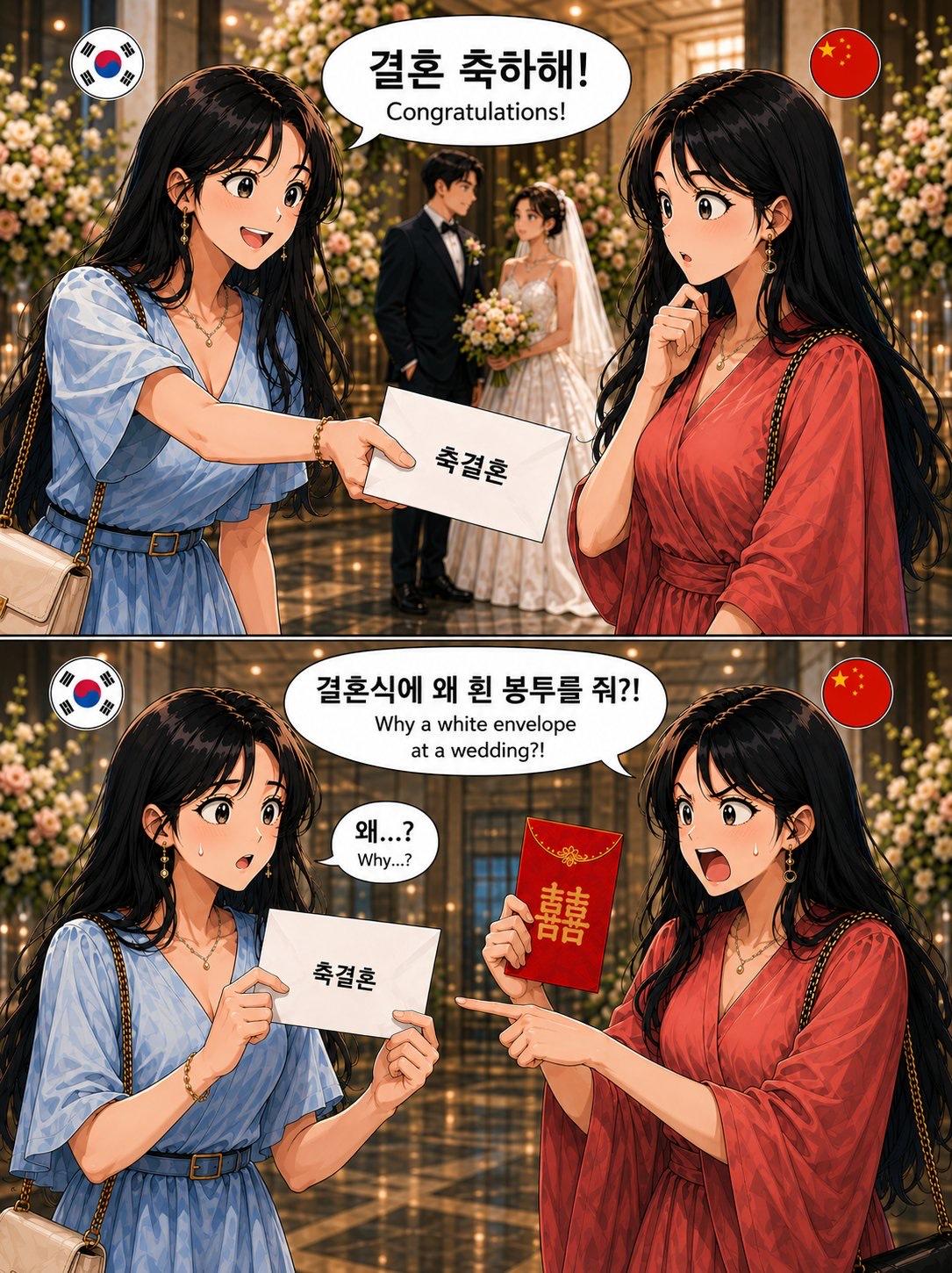 韩国网友发了一张外网漫画闹笑话！参加婚礼递上白信封随礼？在韩国，不管是结婚随