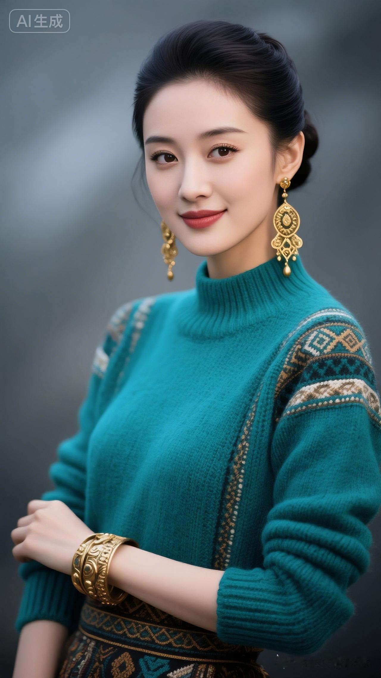 优雅复古风，绿松石毛衣搭配金色耳环，尽显东方韵味！