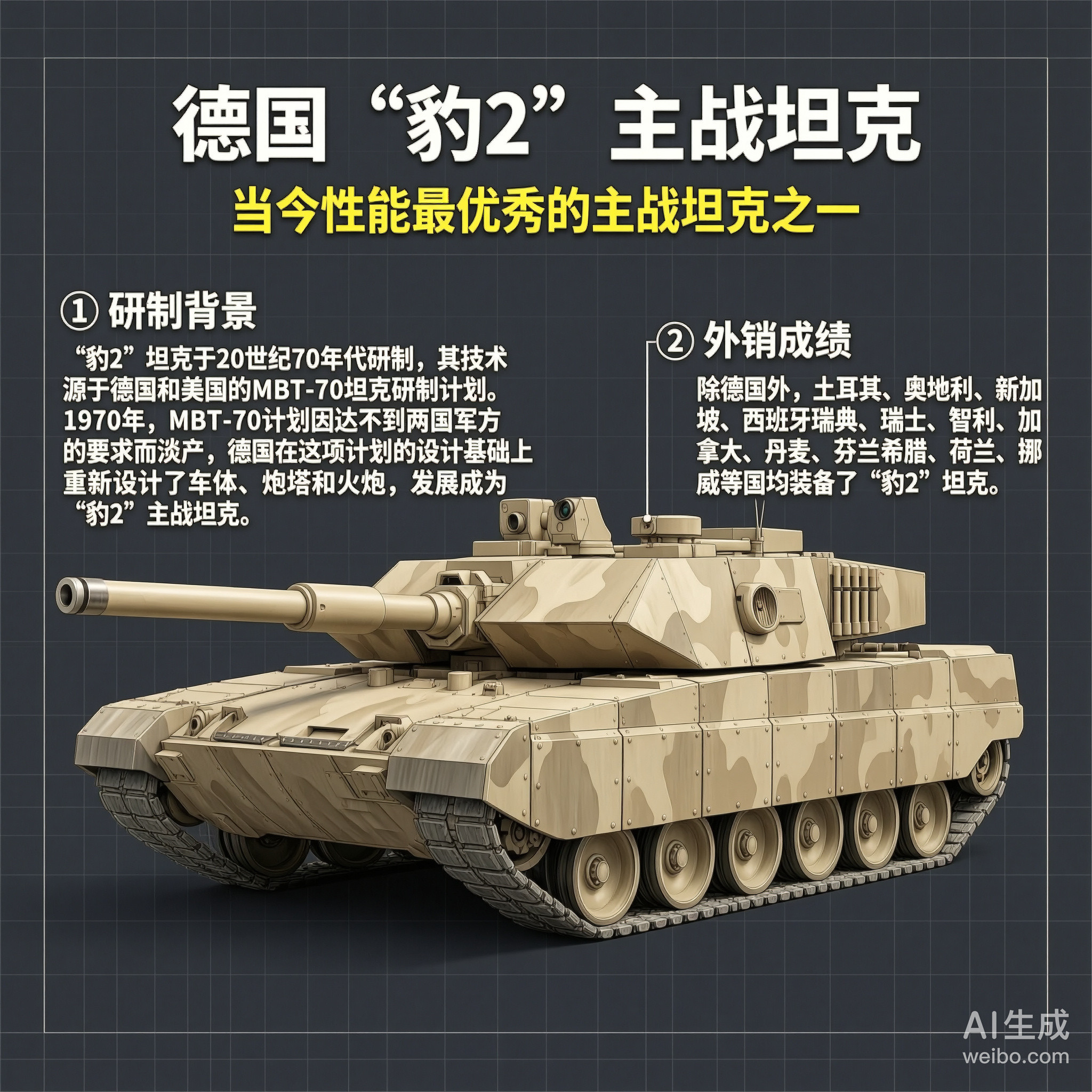 军事ai新视野德国“豹2”主战坦克“豹2”（Leopard2）坦克是德国于