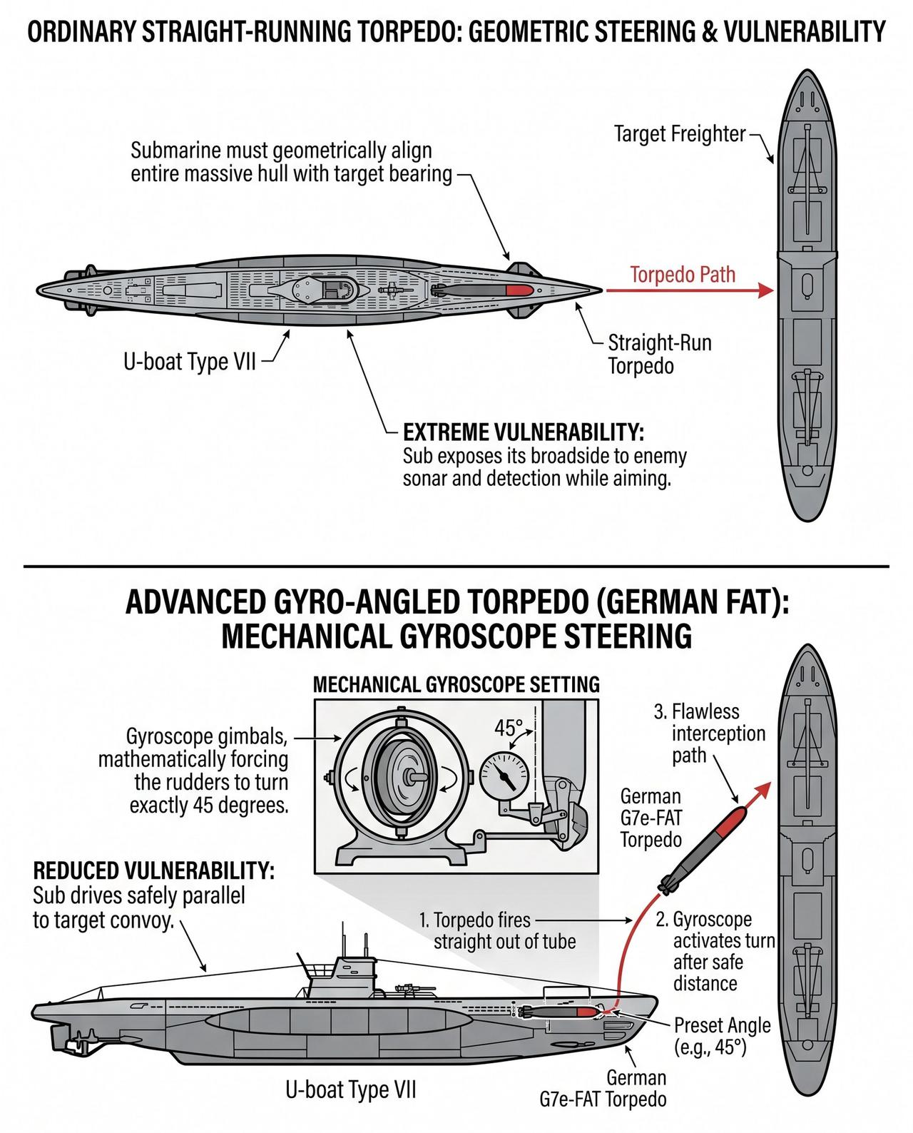 一张图看懂二战潜艇鱼雷的革命性升级：普通直航鱼雷，和德国FAT陀螺仪斜射鱼雷