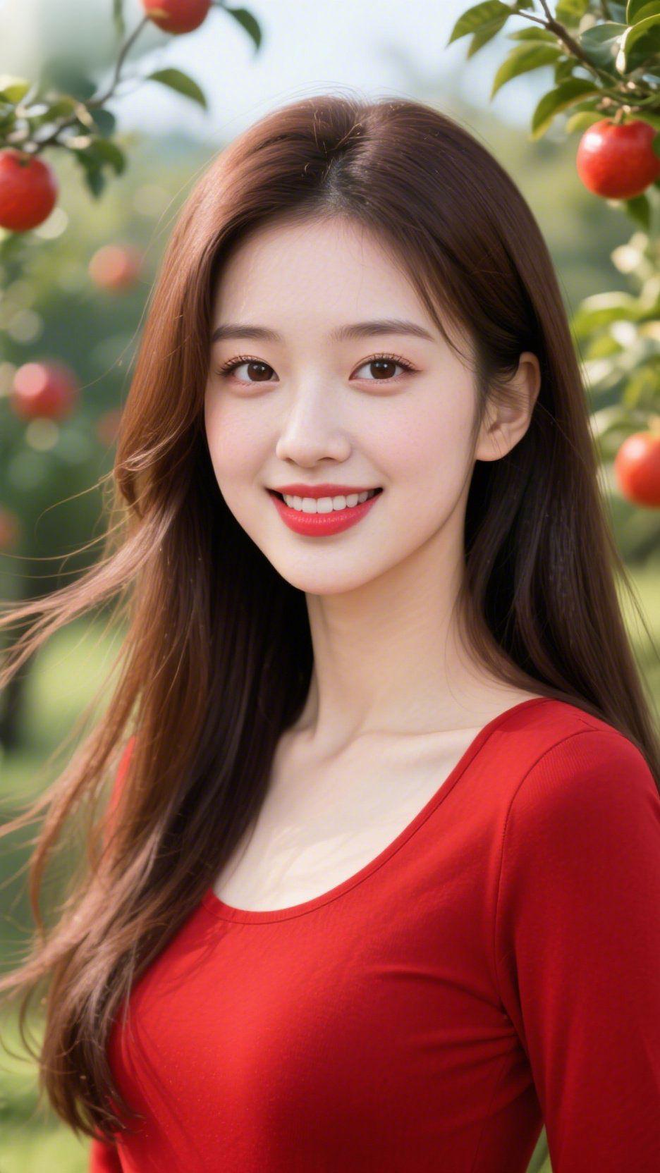 丹果满园繁枝翠叶缀丹红，晴色轻笼果园中。圆实垂梢凝晓露，清阴绕径沐和风。