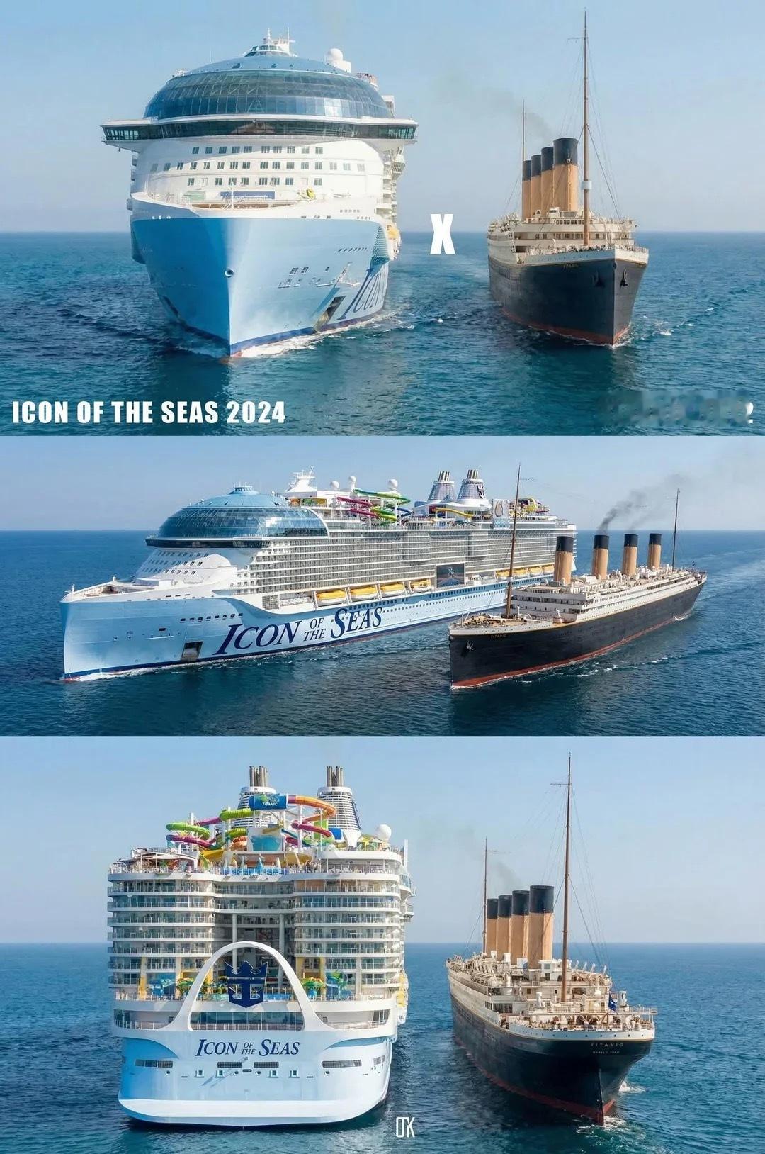 泰坦尼克号与世界最大游轮“海洋标志号”对比。“海洋标志号”：吨位：25万吨首航：